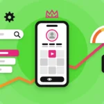SaaS SEO case study: smartphone social media app with a rising search ranking, speed gauge and schema code icon
