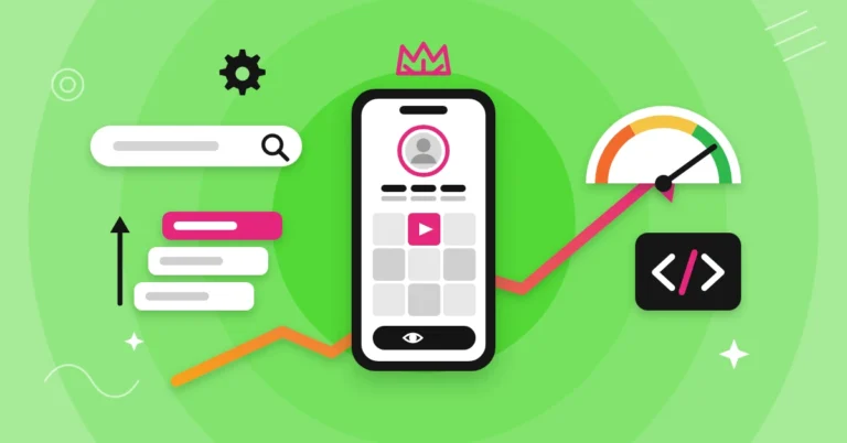 SaaS SEO case study: smartphone social media app with a rising search ranking, speed gauge and schema code icon