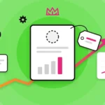 Illustration of an unbranded SEO report with a blank logo spot and a white label tag, beside a rising growth chart.