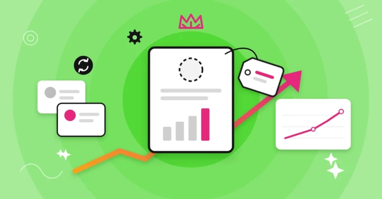 Illustration of an unbranded SEO report with a blank logo spot and a white label tag, beside a rising growth chart.
