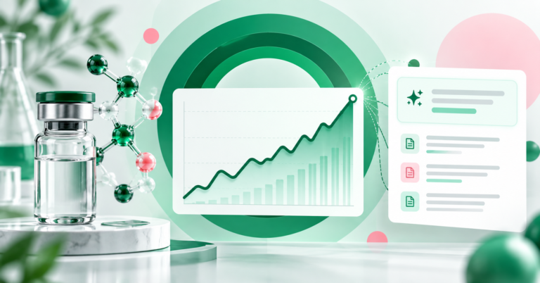 Research vial, organic search growth chart and AI citation card for a UK peptide retailer SEO case study